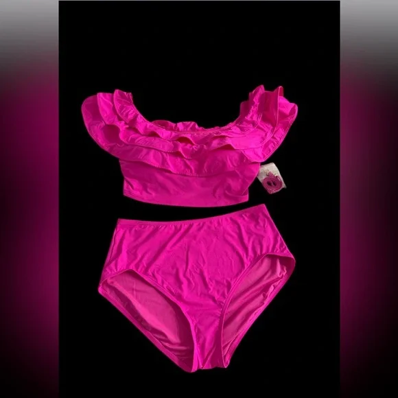 Kate Spade Hot Pink Ruffle Off-Shoulder High Waist Bikini Set Size XL NWT - Picture 2 of 10